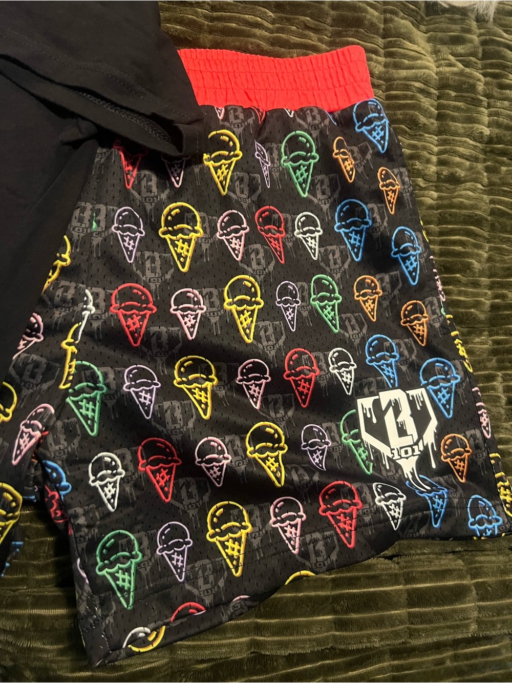 Kids Black Neon Ice Cream Print Athletic Shorts with Red Waistband